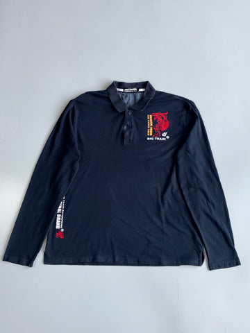Big Train Original Brand Long Sleeve Polo Navy Tiger Graphic (2Xl)