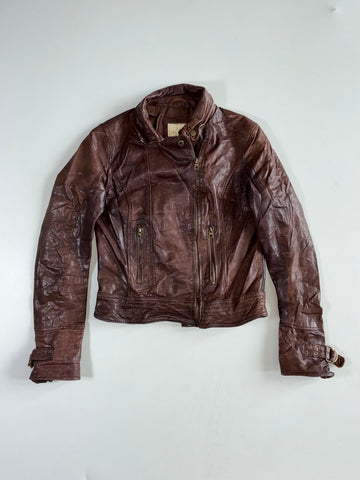 Vintage Bershka Brown Genuine Leather Biker Jacket – Asymmetric Zip  Women’s (XXS)