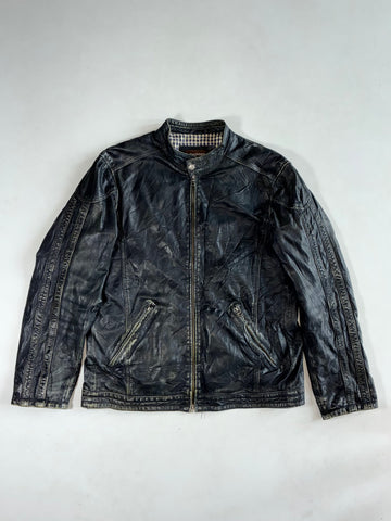 Danier Black  Leather Café Racer Jacket – Gingham Lining, Stitched Sleeve Panels (XL)