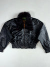 U.S. Polo Assn. Black Leather Cropped Bomber with Burgundy Fur Collar & Paisley Lining Women’s(S)