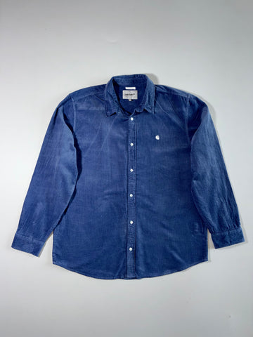 Carhartt WIP Blue Corduroy Long-Sleeve Button-Up Shirt with Embroidered Logo (XL/2XL)