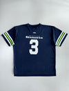 NFL Seattle Seahawks Russell Wilson #3 Navy Neon Green Striped Sleeve Mesh Football Jersey T-Shirt (2XL)