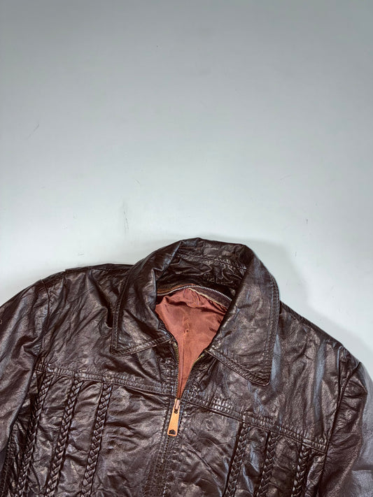 Vintage 70s Brown Braided Leather Bomber Jacket (M)