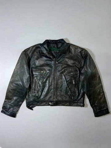Vintage Black Leather Jacket w/ Green Lining (2XL)