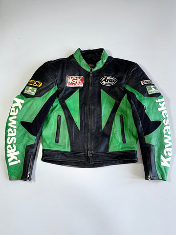 Vintage Kawasaki Racing Heavy Pure Leather  Jacket with NGK, Arai & Bridgestone Sponsor Patches (PADDED) (M)