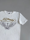 Ed Hardy by Christian Audigier White Tee  Gold Script Logo, Winged Skull Front & Crossed Pistols Roses Back Graphic (M)