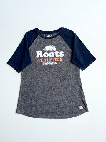 Vintage Roots Athletics Grey Navy Raglan Graphic Tee women’s (S)