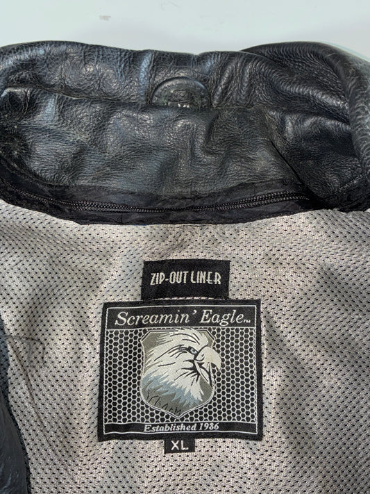 Vintage Screamin’ Eagle Black Leather Jacket with Embossed Tribal Butterfly (M)