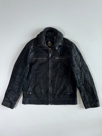 Folstop Distressed Black Leather Knit-Collar( Detechable Collar) Biker Jacket (XL)