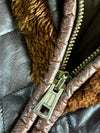 Vintage Italian Brown Sherpa Fur Jacket with Quilted Leather Chevron Yoke – Made in Italy (S/M)