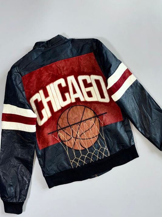 Vintage Racing Leather Jacket Black White Red Stripe Chicago Bulls (S)