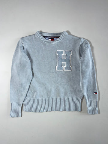 Vintage 90s Tommy Hilfiger Flag Tag Light Blue Chunky Knit Varsity "H" Sweater (XS)