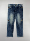 Japanese Oni Leather-Patch Brocade Panel Jeans embroidered (W:42) (L:44.5)