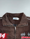 UNBDNS International Champions #94 Checkered Flag Multi-Patch Embroidered Brown Bomber Jacket (L/XL)