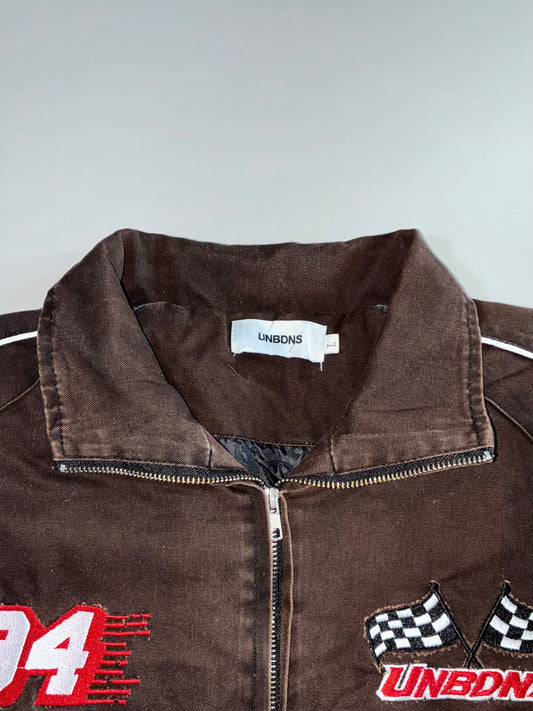 UNBDNS International Champions #94 Checkered Flag Multi-Patch Embroidered Brown Bomber Jacket (L/XL)