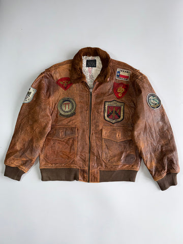 Avirex Type G-1 U.S. Navy Flight Jacket Multi-Patch Leather Bomber with Blood Chit & Shearling Collar (L/XL)