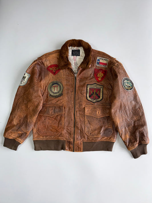 Avirex Type G-1 U.S. Navy Flight Jacket Multi-Patch Leather Bomber with Blood Chit & Shearling Collar (L/XL)