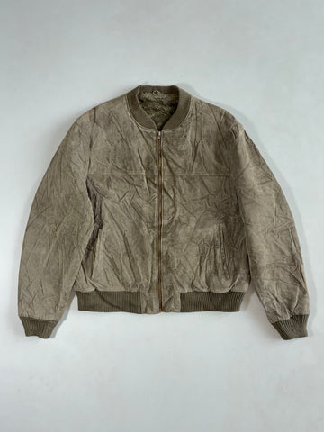 Vintage Taupe Suede Bomber Jacket – Faux Fur Pile Lined (XL)