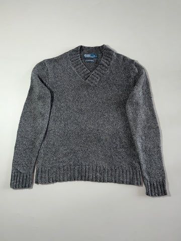 Polo Ralph Lauren | Charcoal Grey Hemp-Cotton V-Neck Chunky Knit Sweater | (XL)