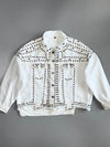 Heavy All-Over Silver Dome & Black Mirror Stud Embellished White Raw Hem Denim Jacket (L)