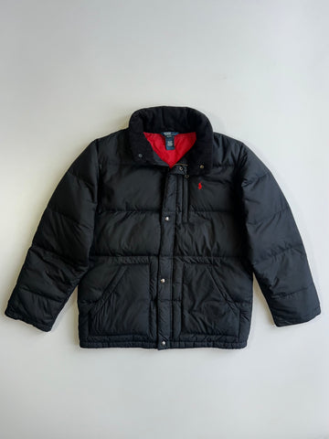 Polo Ralph Lauren Red Pony Fleece Collar Red Lined Quilted Down Puffer Jacket Black (M)