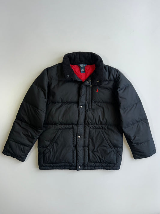 Polo Ralph Lauren Red Pony Fleece Collar Red Lined Quilted Down Puffer Jacket Black (M)