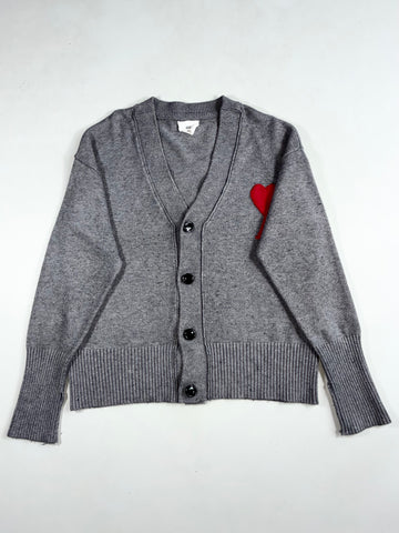 Ami Paris Grey Melange Cardigan with Red Ami de Coeur Logo (XL)