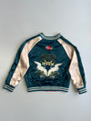 Japanese Souvenir Sukajan Crane Bonsai Embroidered Reversible Satin Bomber Jacket Teal (S)