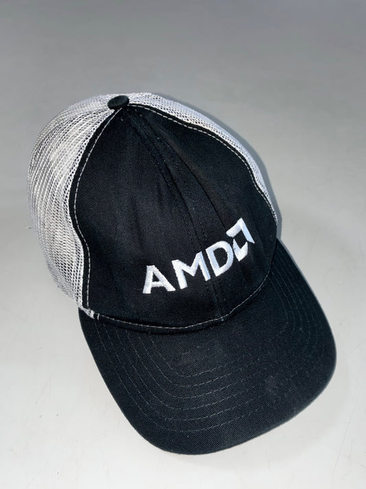 AMD Tech Embroidered Logo Black & White Mesh Trucker Cap (Adjustable)