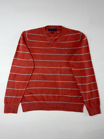 Tommy Hilfiger Striped V-Neck Knit Sweater – Rust Orange  (L)