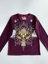 Big Train Osaka Japanese Samurai Skull Wings Kanji Foil All-Over Print Burgundy Plum Cotton Long Sleeve T-Shirt (L)