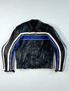 X-Tech Black, Blue & White Striped Leather Motorcycle Racing Jacket Padded (L)