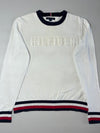 Tommy Hilfiger Hilfiger Embossed Logo Crewneck Sweatshirt Stripe Trim – White / Navy  (M)