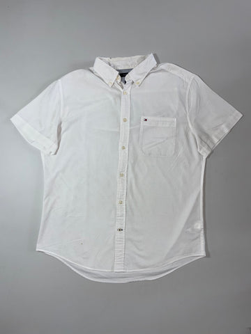 Tommy Hilfiger Short Sleeve Button-Up Shirt - White, Custom Fit (XL)