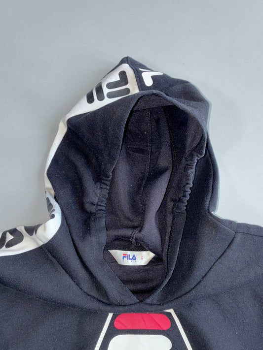Fila Big Logo Black Pullover Hoodie | Vintage Fila Tape Sleeve Hoodie (S)