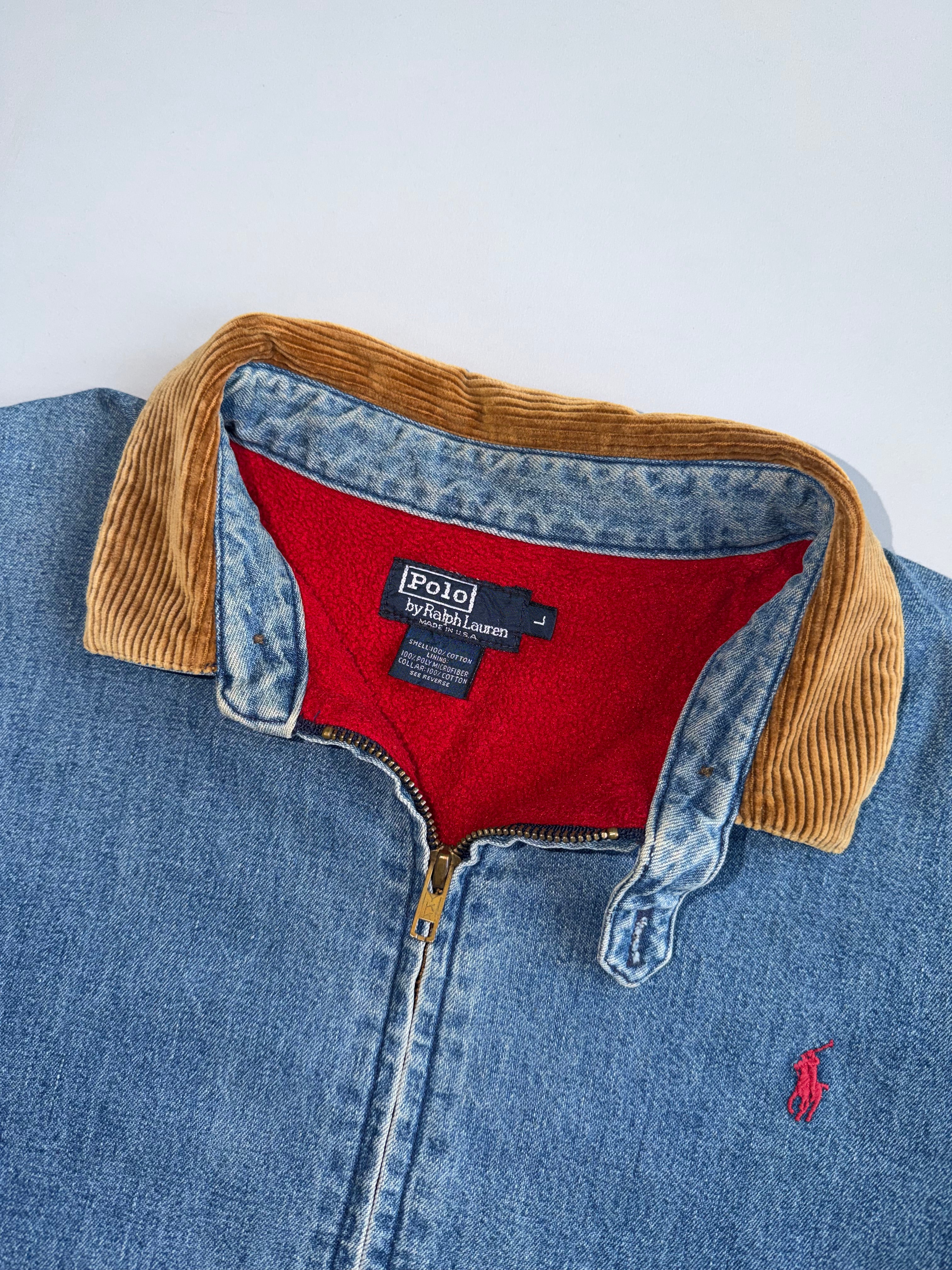Polo Ralph Lauren Vintage Denim Jacket Corduroy Collar Red Fleece