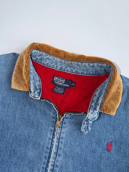 Polo Ralph Lauren Vintage Denim Jacket Corduroy Collar Red Fleece Lined (XL)