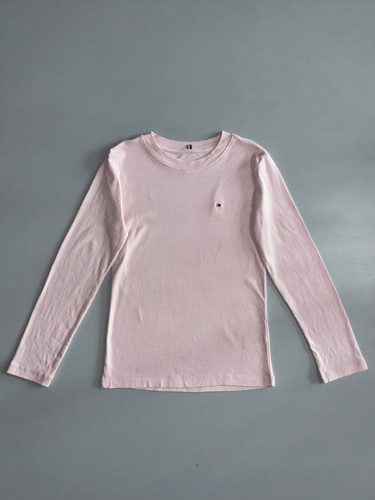 Tommy Hilfiger Light Pink 100% Cotton Long Sleeve Crewneck Tee Flag Logo | Made in India Size (XS)