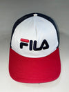 FILA Classic Logo White Navy Red Trucker Mesh Cap (Adjustable)