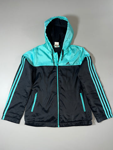 Adidas 3-Stripe Teal & Black Hooded Windbreaker Jacket (S)