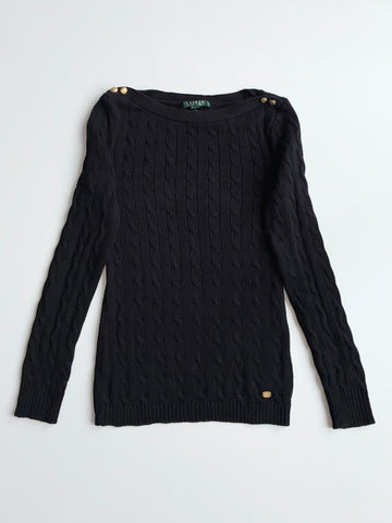 Lauren Ralph Lauren Black Cable Knit Sweater with Gold Buttons | woman’s Size (XS)