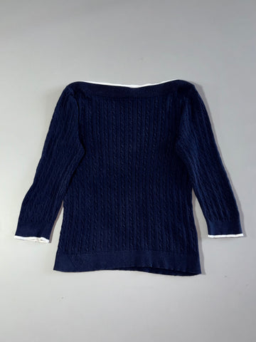 Lauren Ralph Lauren Navy Cable Knit Boat Neck Sweater with White Tipping (S)