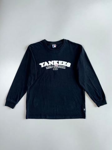 Vintage MLB Official New York Yankees Arch Logo Navy Blue Long Sleeve Cotton T-Shirt (XL)