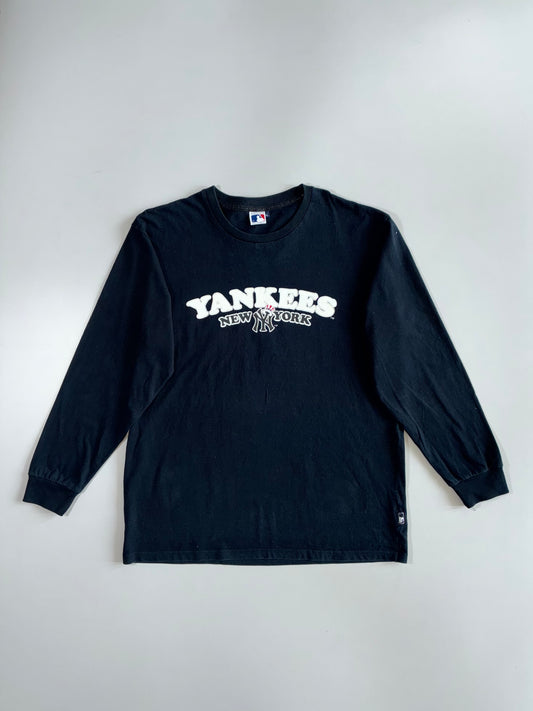 Vintage MLB Official New York Yankees Arch Logo Navy Blue Long Sleeve Cotton T-Shirt (XL)