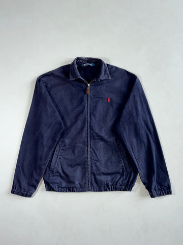 Vintage Polo Ralph Lauren Navy Cotton Harrington Jacket – Red Pony Logo – Leather Zip Pull (M/L)