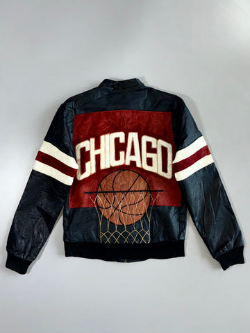 Vintage Racing Leather Jacket Black White Red Stripe Chicago Bulls (S)