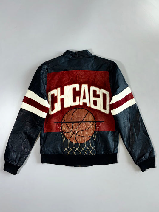 Vintage Racing Leather Jacket Black White Red Stripe Chicago Bulls (S)