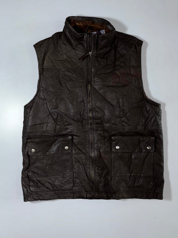 Woodland Pure Leather Sleeveless Vest with Plaid Lining – Brown (XL)