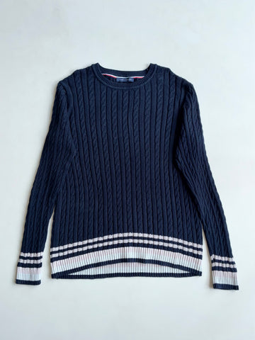 Tommy Hilfiger Navy Cable Knit Sweater with Striped Hem (XL)