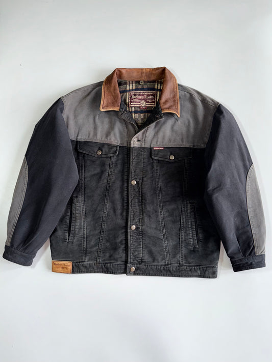Vintage Marlboro Classics  Original Hard Canvas Trucker Jacket with Genuine Leather Collar & Plaid Flannel Lining (XL)